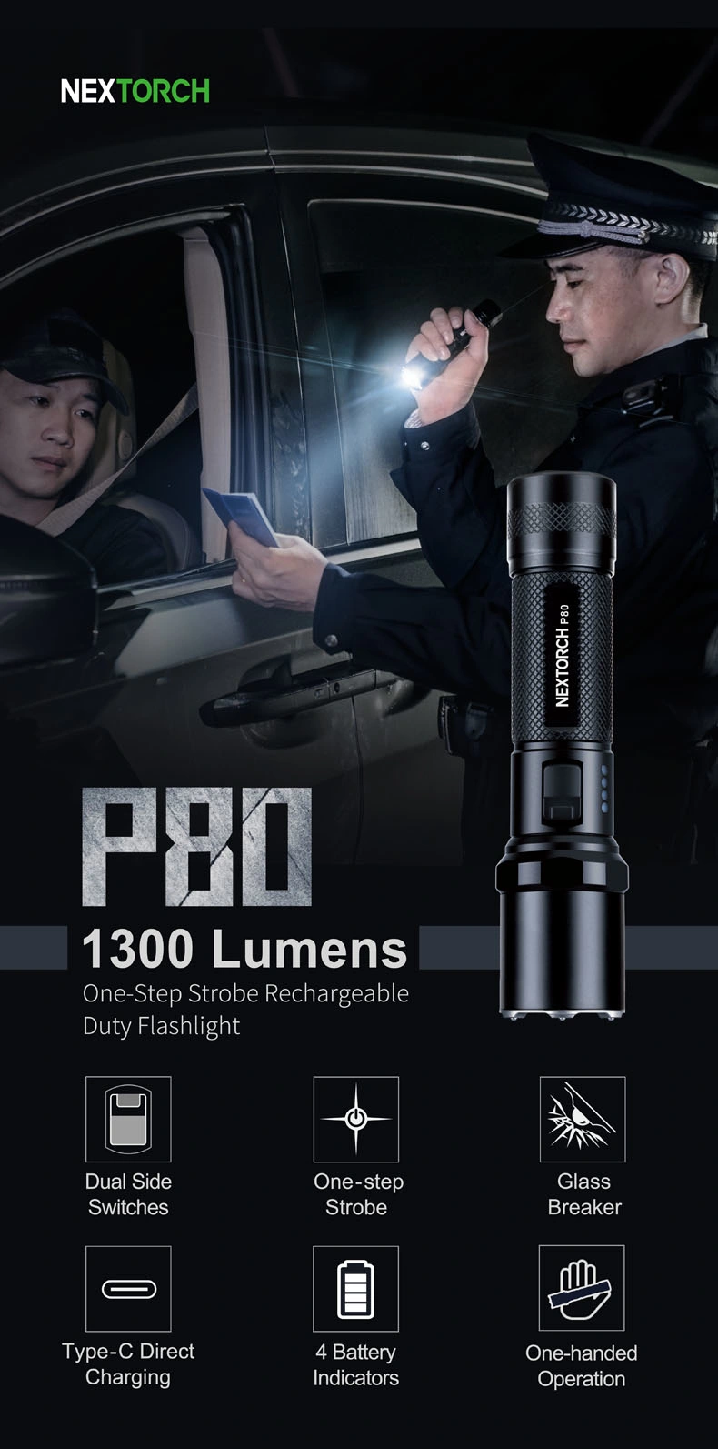 Police Flashlight Brightest P80 Waterproof Torch Police LED Flashlight Military 1300 Lumen Tactical Flashlight Torch for Self Defensive