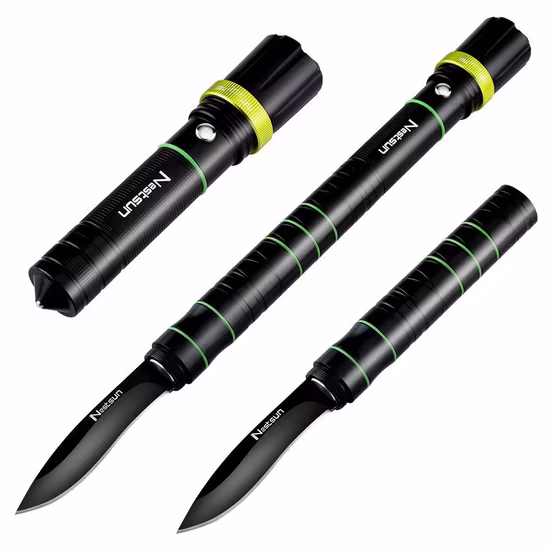 Torche LED réglable à mise au point rechargeable multifonction avec couteau brise-verre marteau lampe de poche tactique zoomable